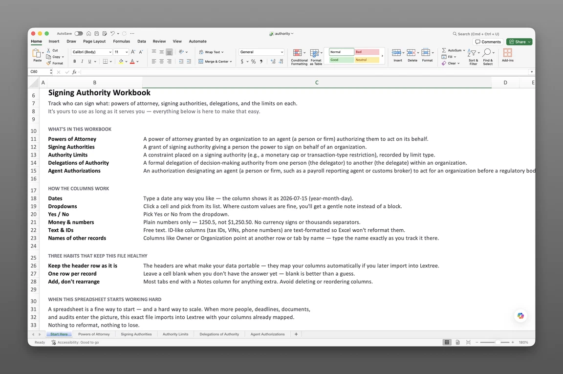 Screenshot of Authorized Signatory List Template for Excel