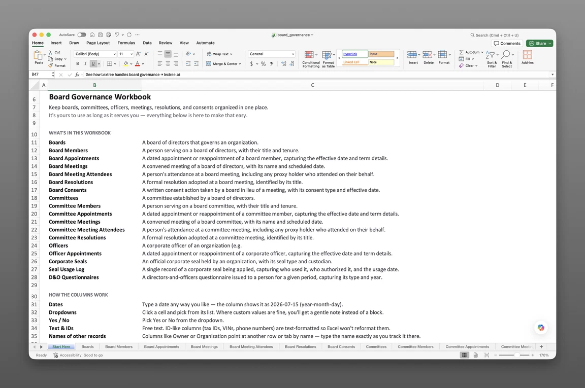 Board of directors spreadsheet template open in Excel showing the Boards and Board Members worksheets