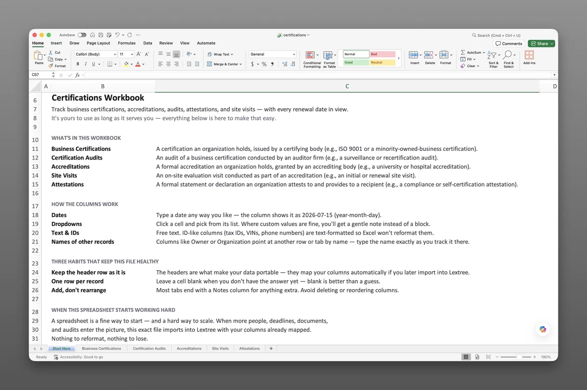 Business certification tracker template open in Excel showing the Business Certifications and Certification Audits worksheets
