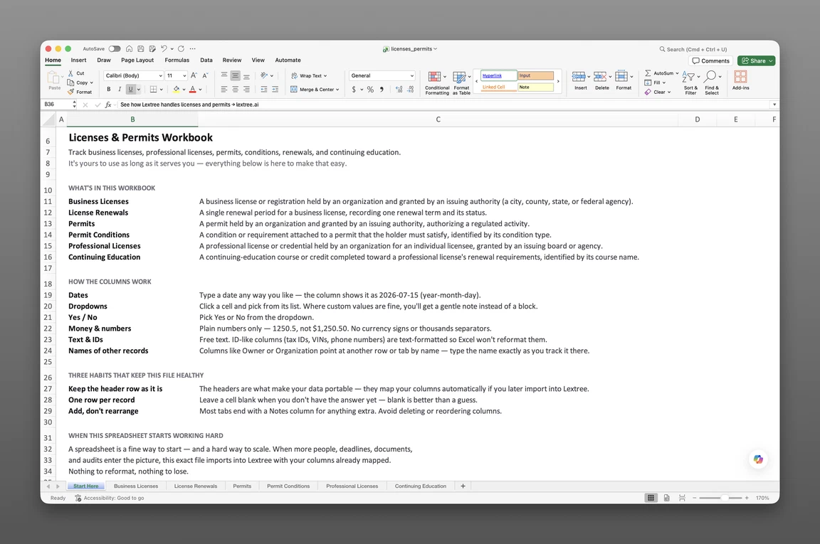 Business license and permit tracker template open in Excel showing the Business Licenses and Permits worksheets