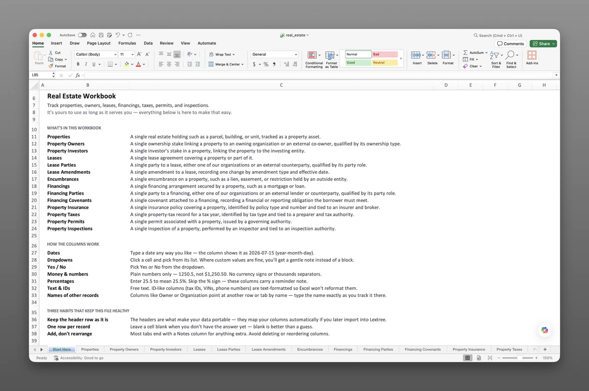 Commercial property register template open in Excel showing the Properties and Leases worksheets