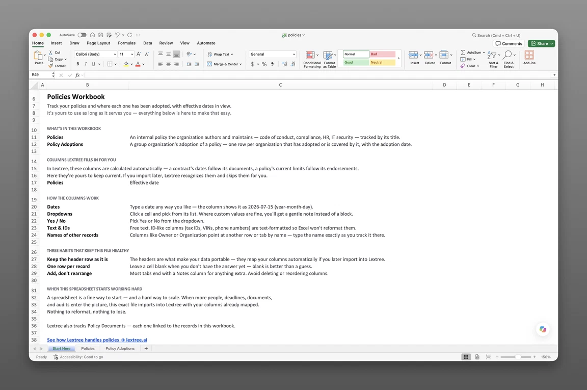 Company policy register template open in Excel showing the Policies and Policy Adoptions worksheets