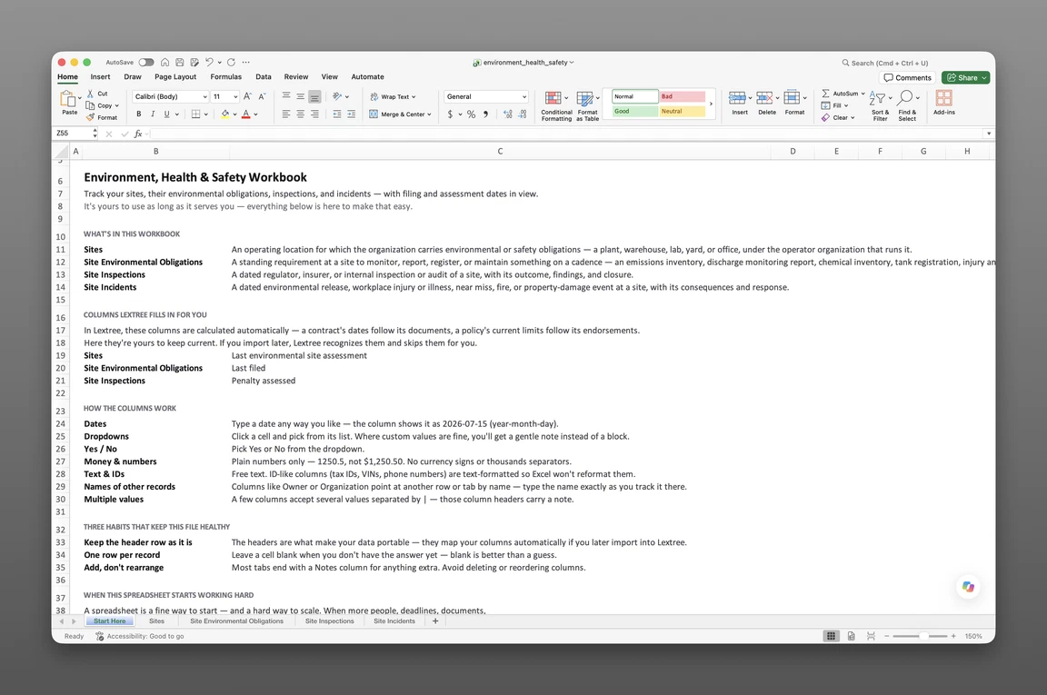 Environmental compliance tracking template open in Excel showing the Sites worksheet
