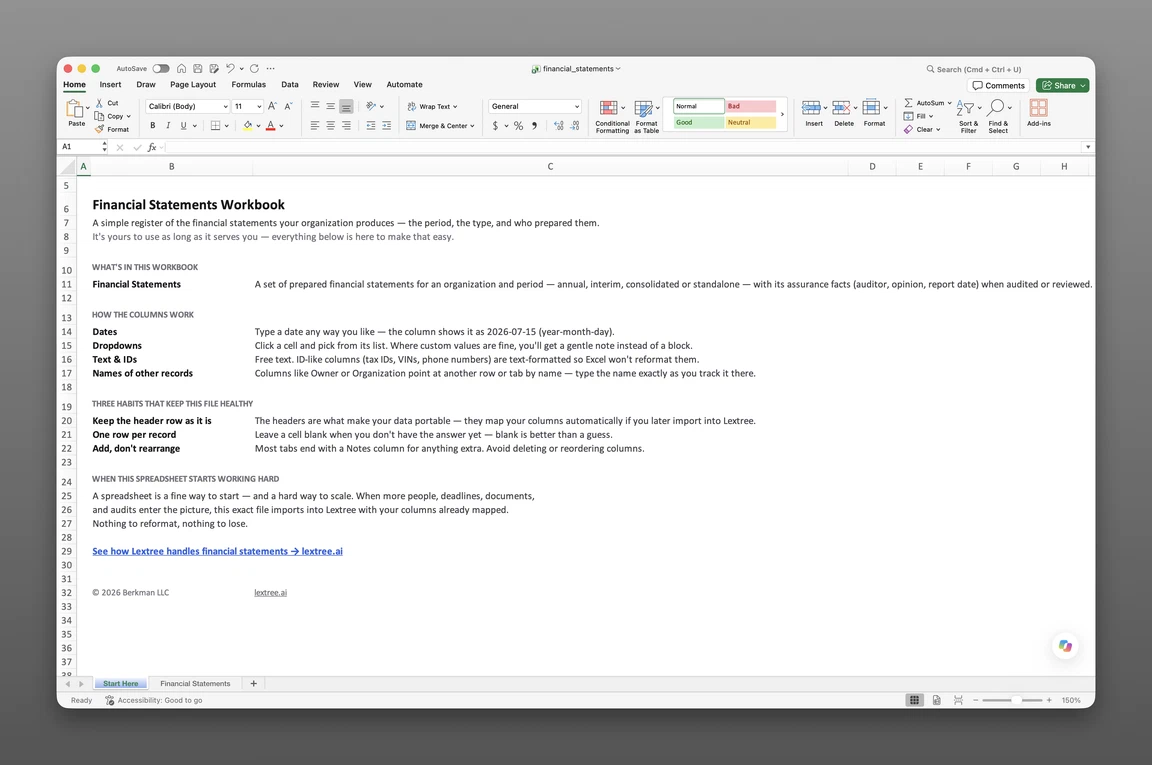 Financial statement register template open in Excel showing the Financial Statements worksheet