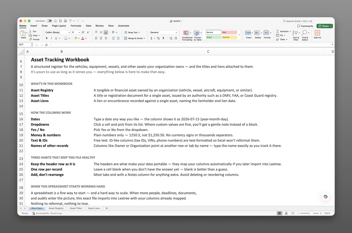 Screenshot of Fixed Asset Register Template for Excel
