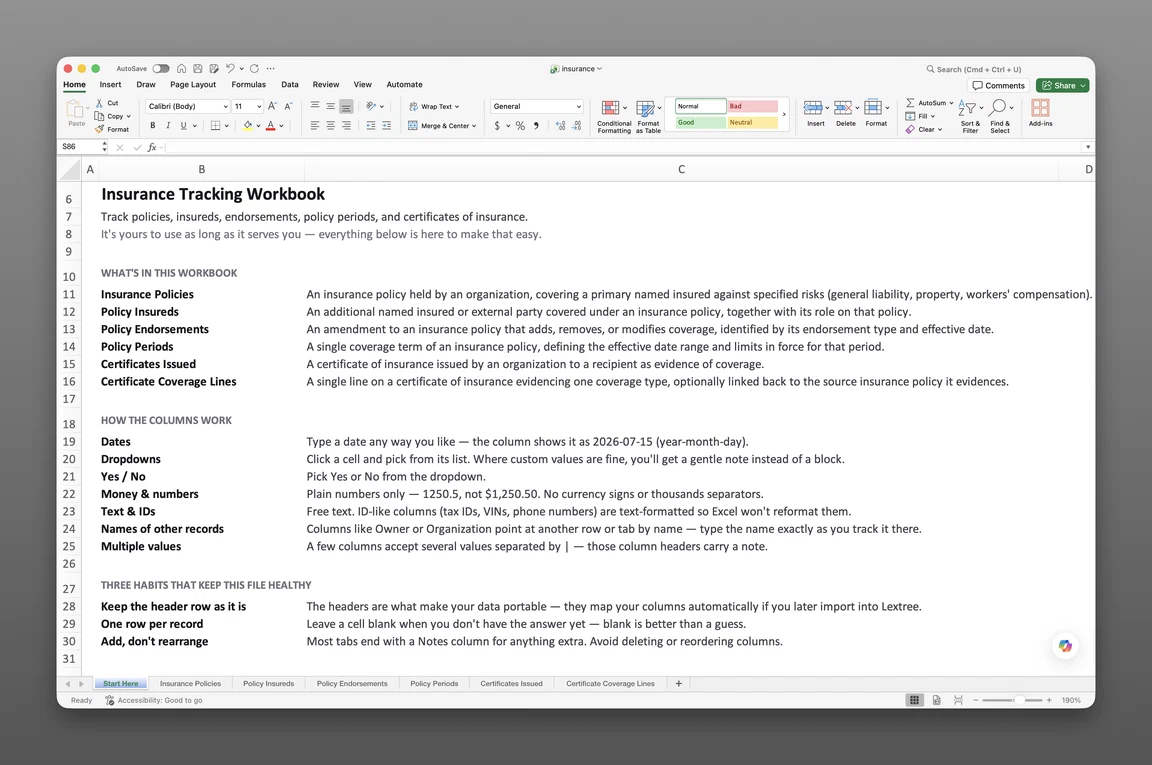 Insurance policy register template open in Excel showing the Insurance Policies and Certificates Issued worksheets