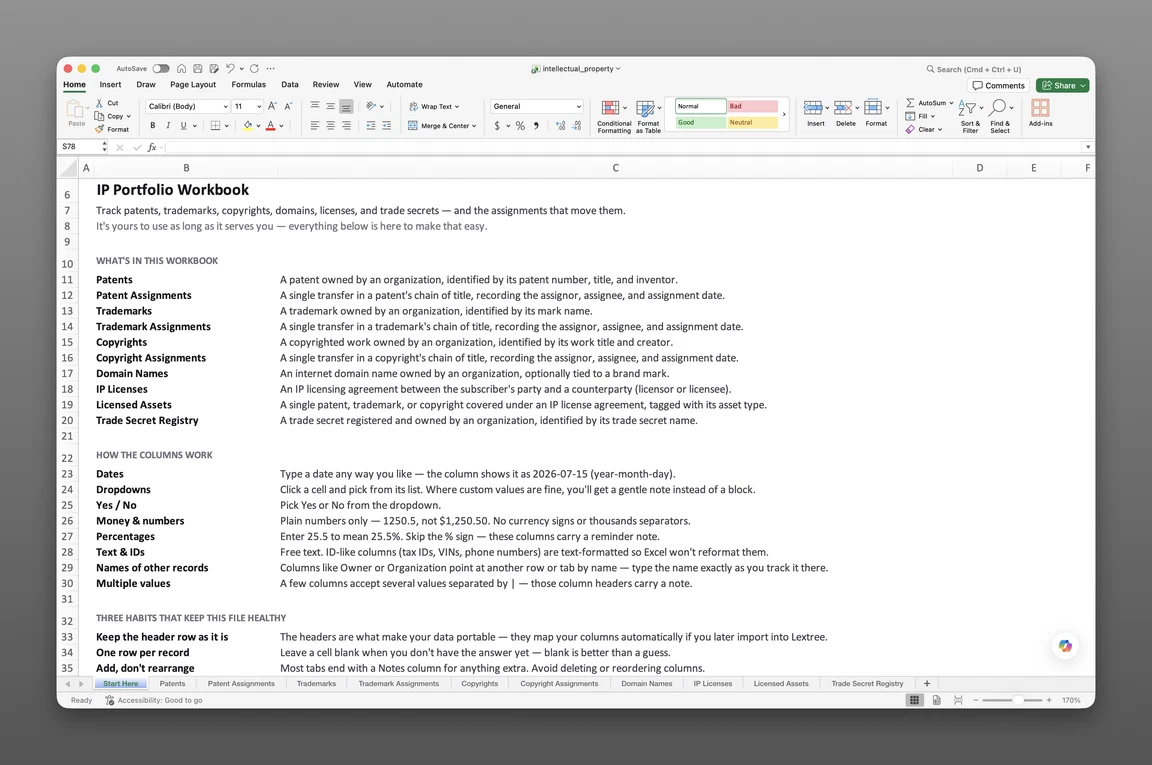 Intellectual property register template open in Excel showing the Patents and Patent Assignments worksheets