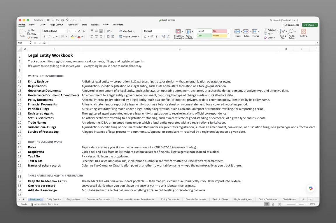 Legal entity tracking spreadsheet template open in Excel showing the Entity Registry and Periodic Filings worksheets
