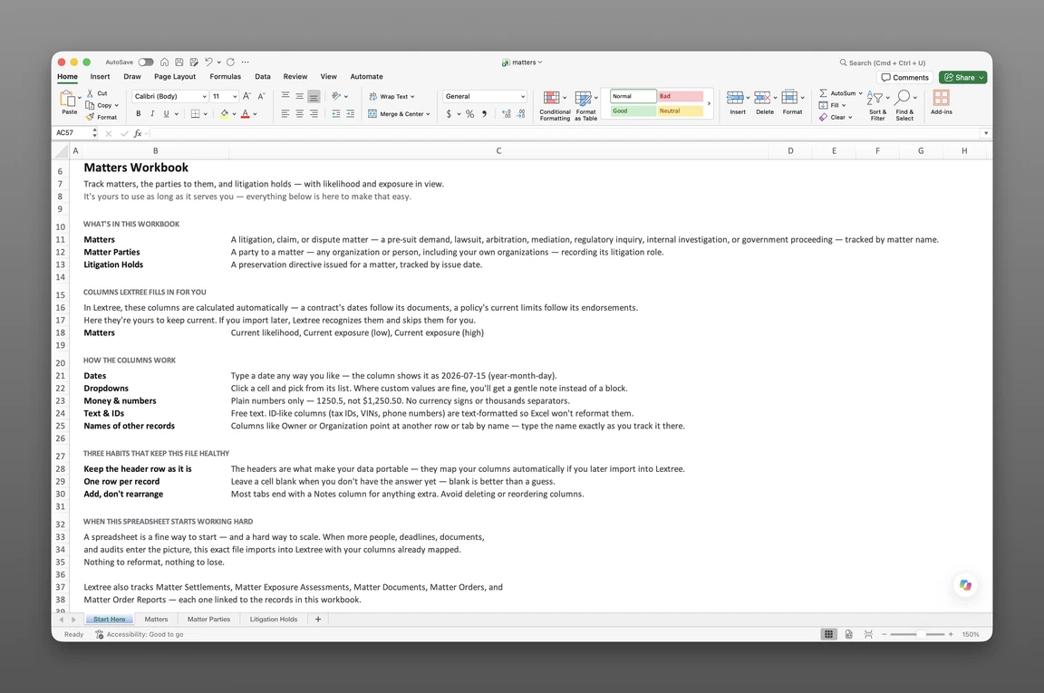 Litigation matter tracker template open in Excel showing the Matters worksheet