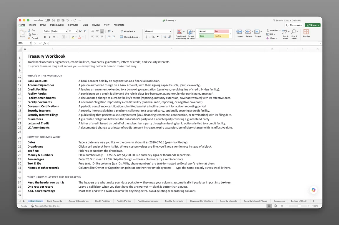 Loan covenant tracking template open in Excel showing the Credit Facilities and Covenant Certifications worksheets