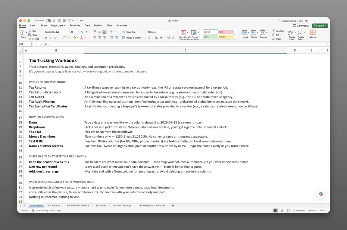 Tax compliance tracker template open in Excel showing the Tax Returns and Tax Audits worksheets
