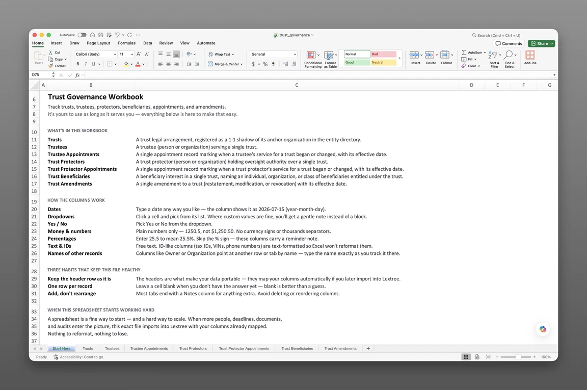 Trust and trustee register template open in Excel showing the Trusts and Trust Protectors worksheets