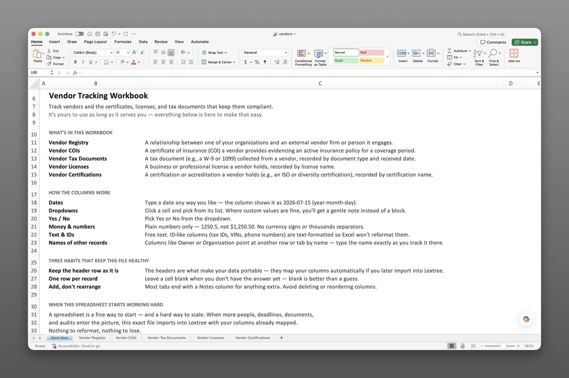 Vendor compliance tracking spreadsheet template open in Excel showing the Vendor COIs and Vendor Tax Documents worksheets
