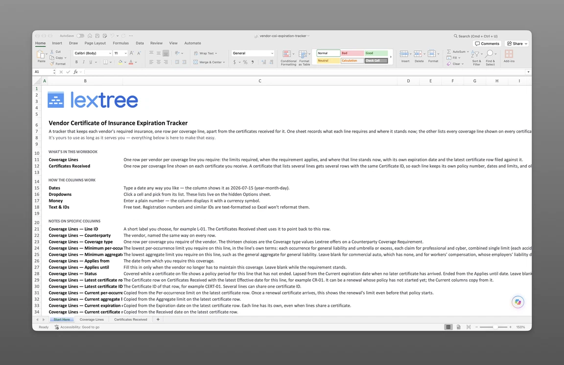 The opening sheet of the certificate of insurance expiration tracker, which explains how its coverage-line and certificate rows fit together.