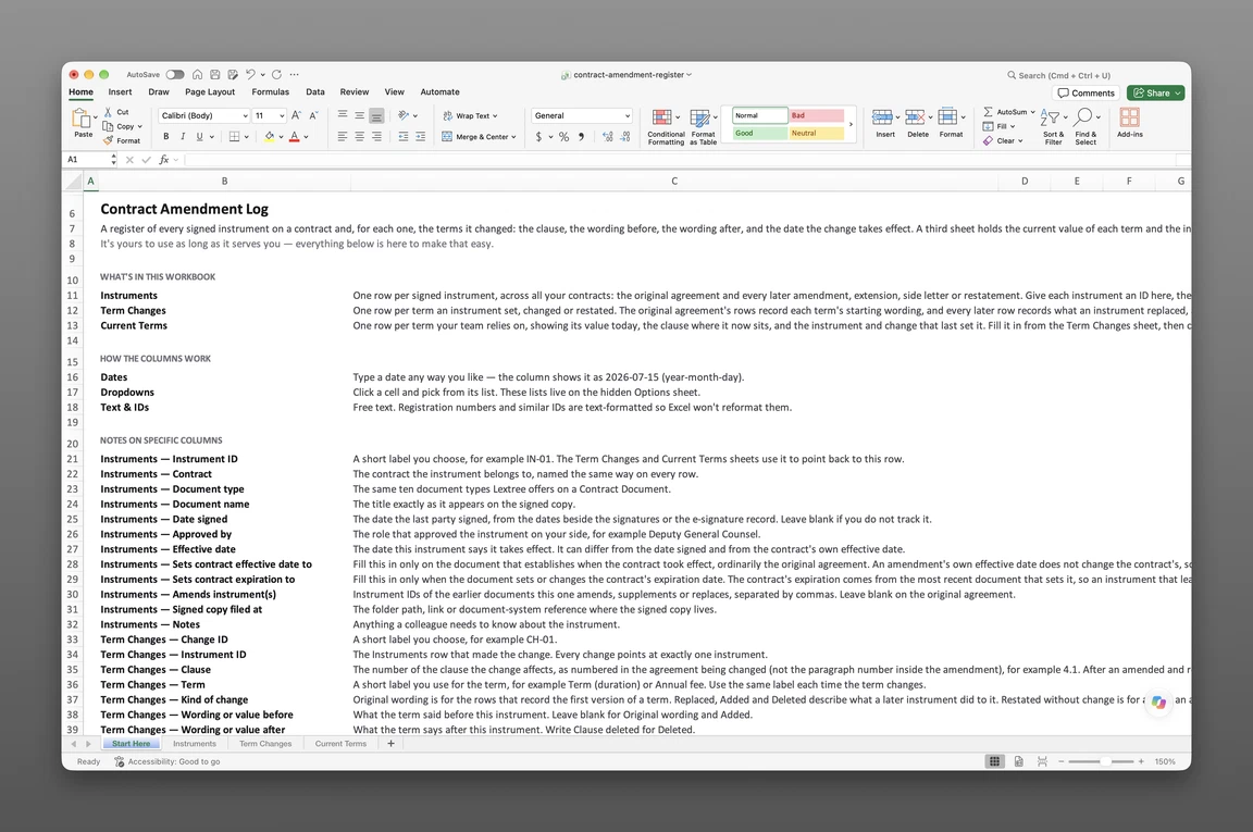 The opening sheet of the contract amendment log file, which explains how its instrument and term-change rows fit together.