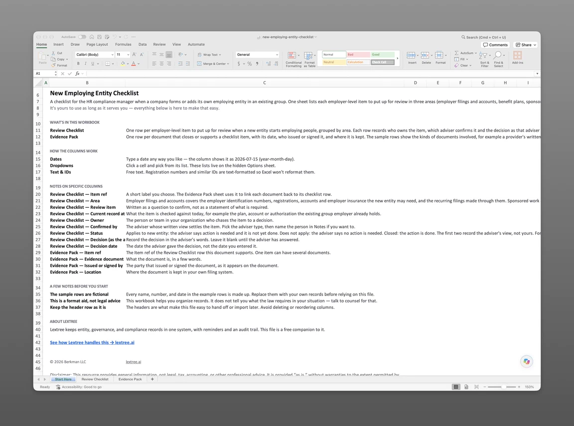 The opening sheet of the new employing entity checklist file, which explains how its Review Checklist and Evidence Pack sheets fit together.