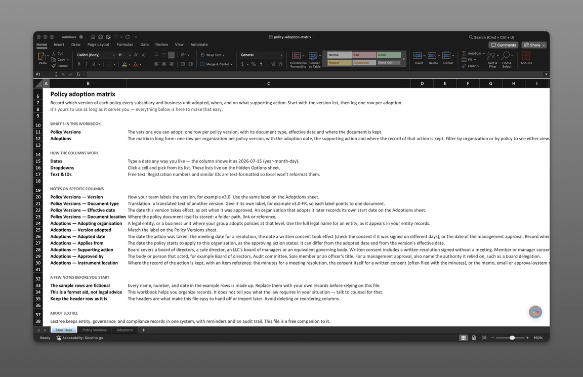 The opening sheet of the policy adoption matrix file, which explains how its Policy Versions and Adoptions sheets fit together.