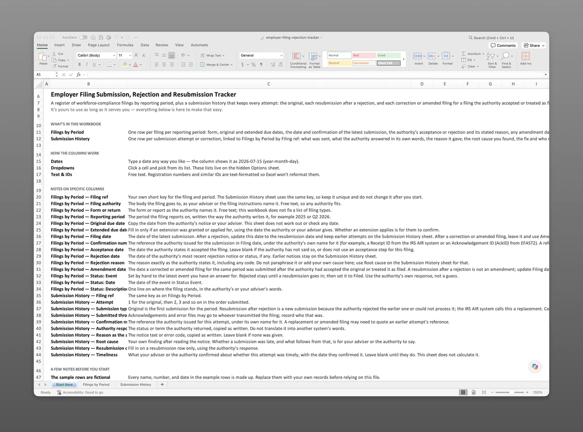 The opening sheet of the rejection and resubmission file, with tabs for its two data sheets.